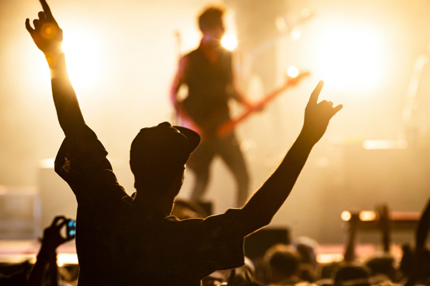 Crowd in front of a stage. Guitarist on stage